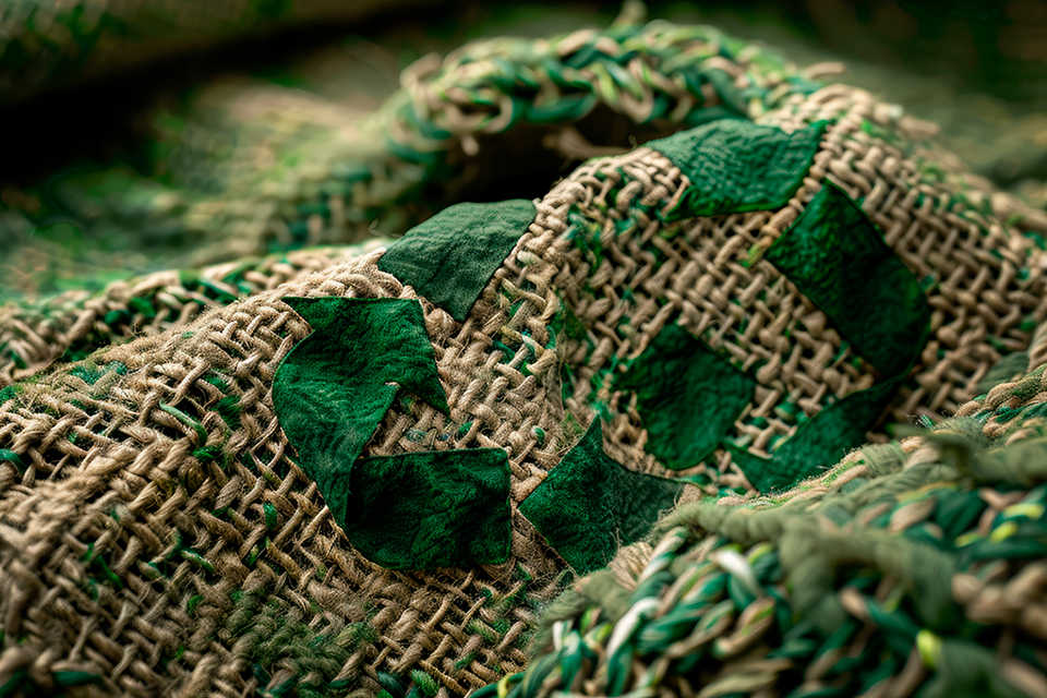 Recycling symbol printed on sustainable woven fabric with green and natural fibers.